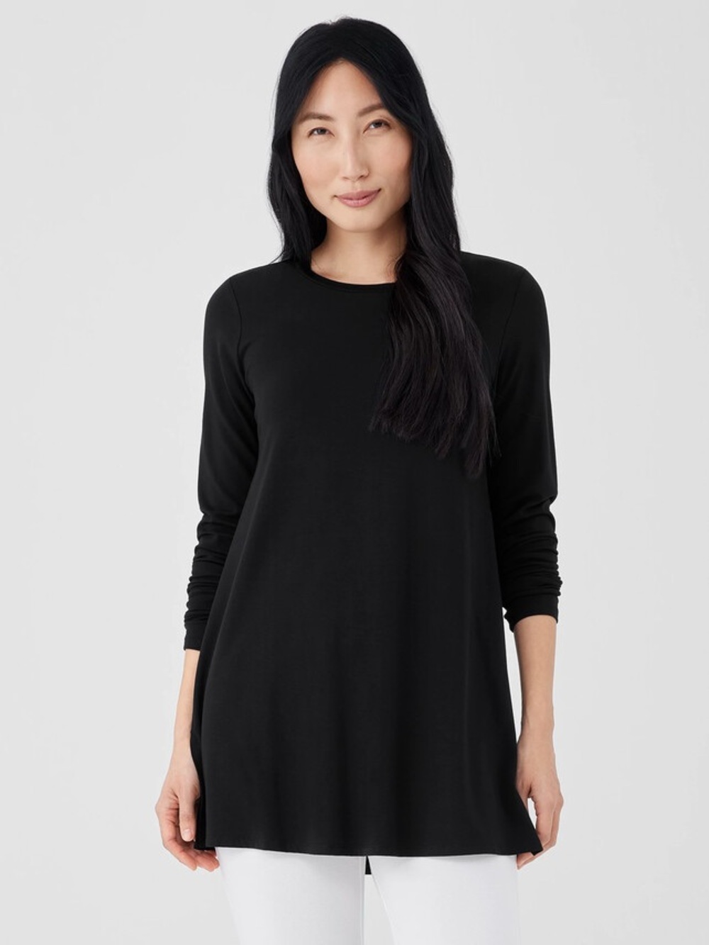Eileen Fisher Black Stretch Jersey Knit Crew Neck Long Top | Size 1X